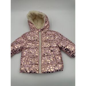 Swiss Tech Girls Puffer Jacket  12 M Zip Up Faux Fur Lining Golden Animal Print